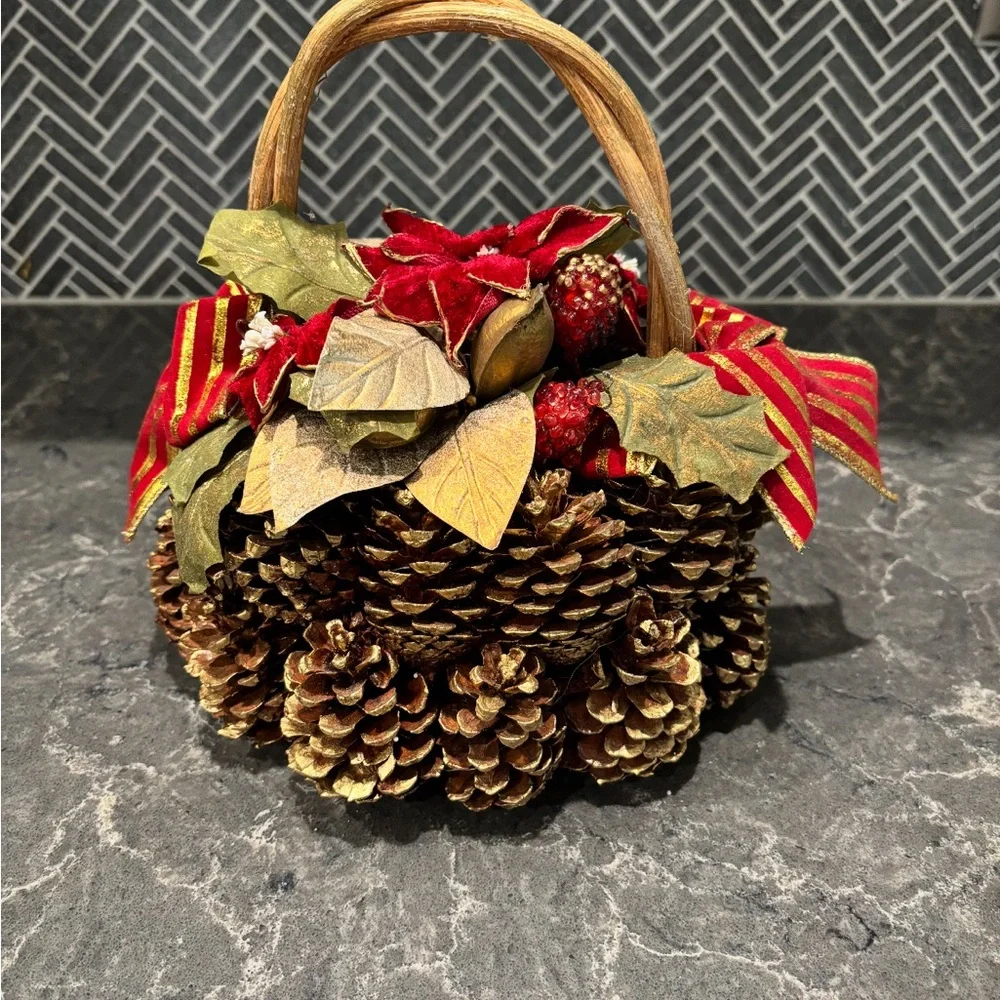 ❗️Crate & Barrel Festive Pinecone Basket with Red Accents